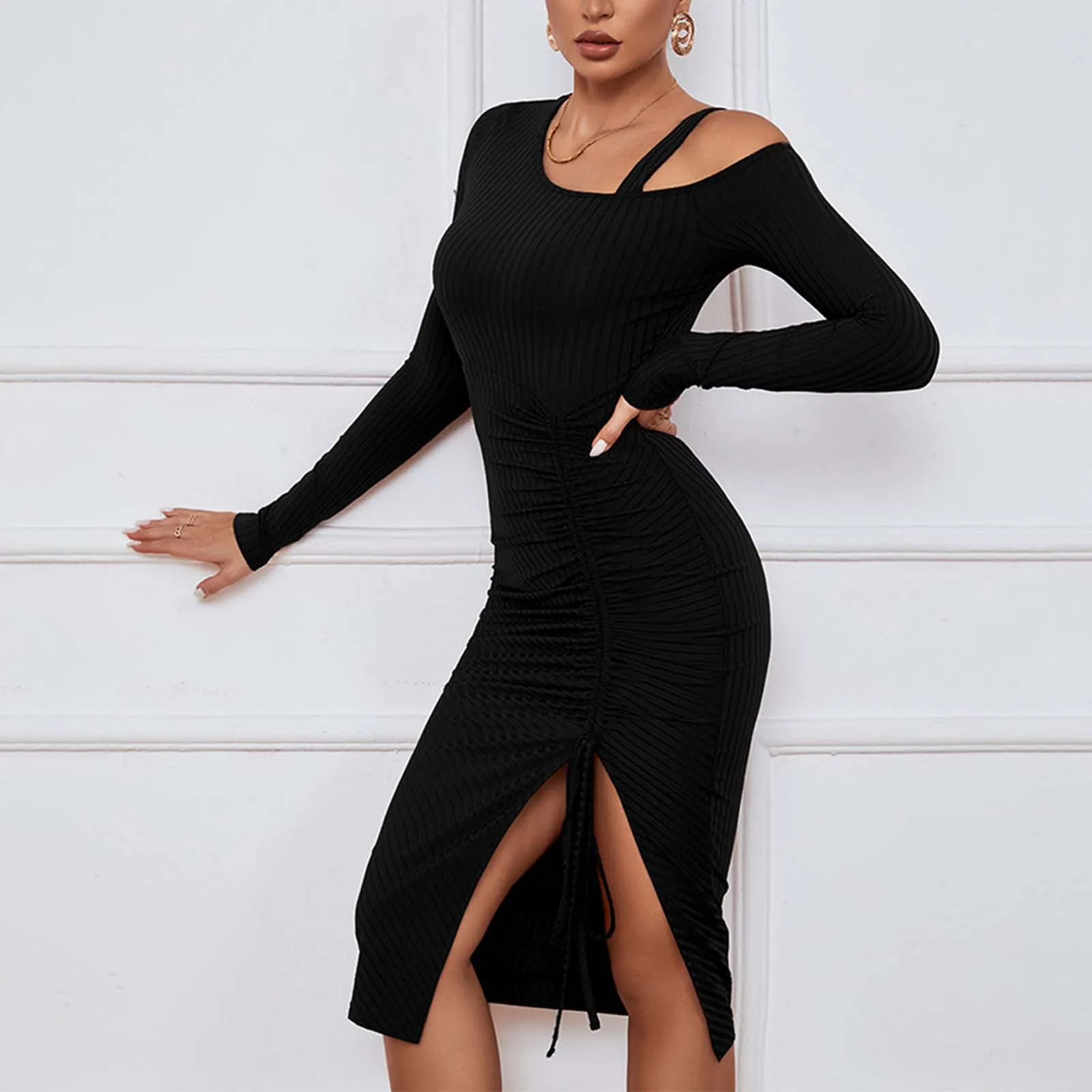 2024 Evening Dresses for Women Spring Summer Black Long Sleeve Ruched Midi Bodycon Dress Solid Color Split Sexy Long Dress