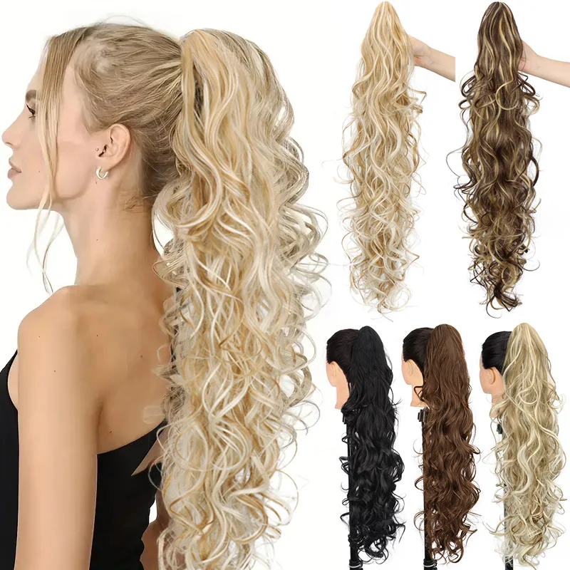 

Синтетические длинные зажимы для когтей, вьющиеся волнистые волосы для наращивания хвоста, разноцветные коричневые и светлые волны для женщин, аксессуар на клипсе