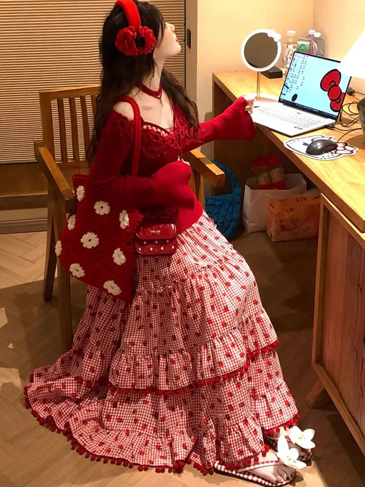 Gonna in pizzo a quadri rossi con palline piccole Gonne lunghe con torta con stampa di fragole per ragazza dolce Corea Chic Abiti casual a vita alta Estate 2025
