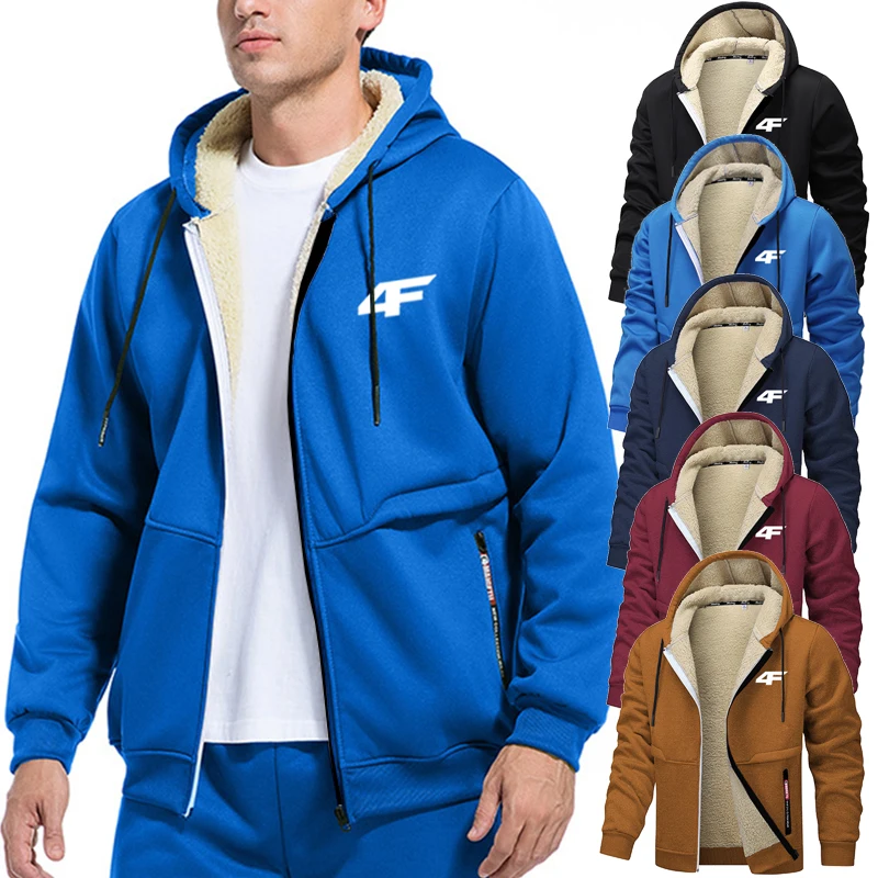 

Letter Graphic Sherpa Plush Lined Jacket for Men Winter Warm Fleece Outerwear Tops Casual Zip Up Hooded Coat with Zipper Pocket