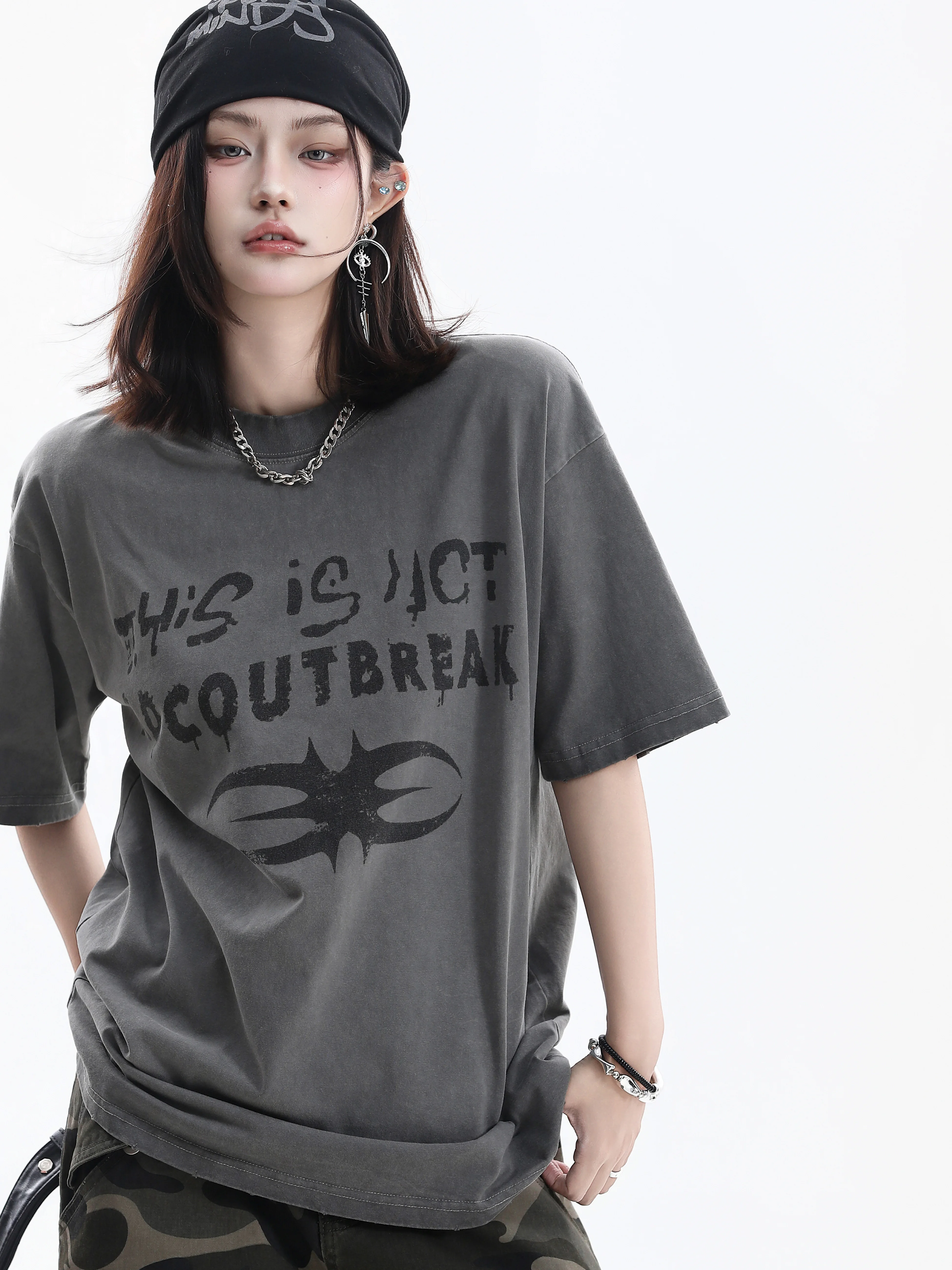 

Small Ball Letter Print Washed Short Sleeve T-Shirt Women's Oversize American Retro Couple Cotton Casual round Neck Top
