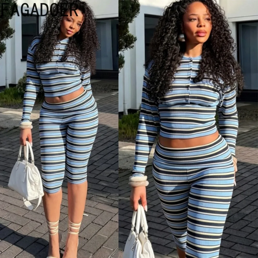 FAGADOER Women Striped Print Two Piece Set Long Sleeve Crop Top High Waist Slim Capri Pants Casual Streetwear Matching Outfit