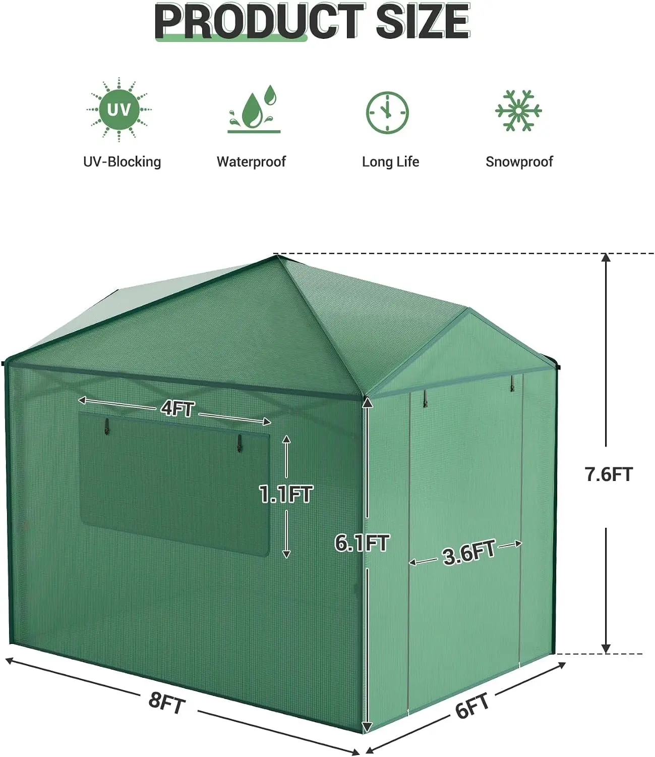 Tacleekii 6X8FT 8X12FT Walk-in Greenhouse Portable Plant Shelter with Heavy-Duty PE Cover Galvanized Steel Frame Zippered Roll-Up Doors & Mesh Windows for Outdoor and Indoor Gardening