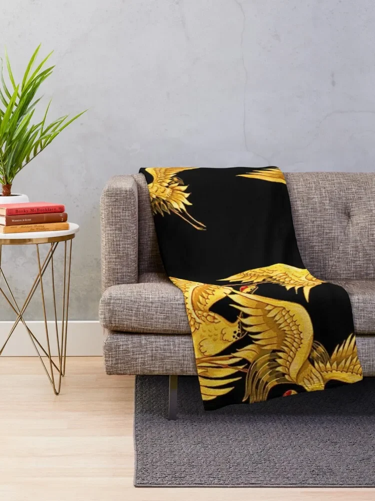 Golden Japanese Cranes Oriental Throw Blanket Hair Bed Stuffeds cosplay anime Blankets