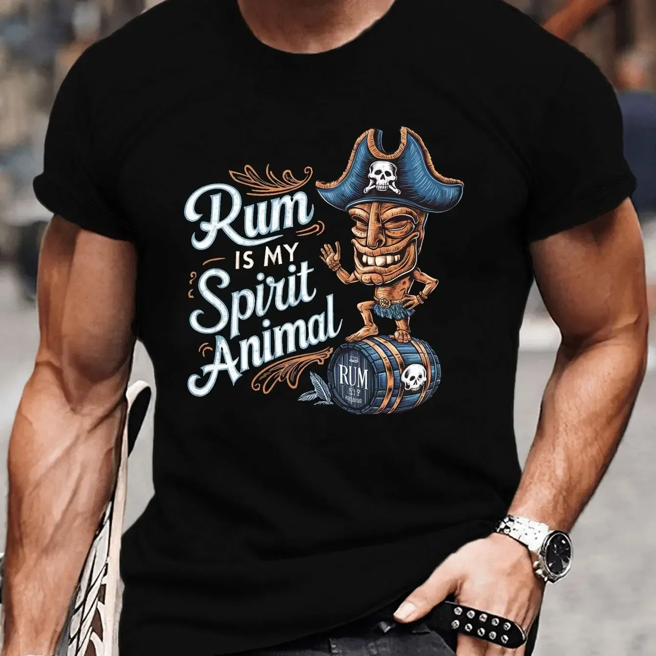 Men Rum Is My Spirit Animal Pirate Tiki Totem Barrel Skull Hawaii Funny Oversized T-Shirt