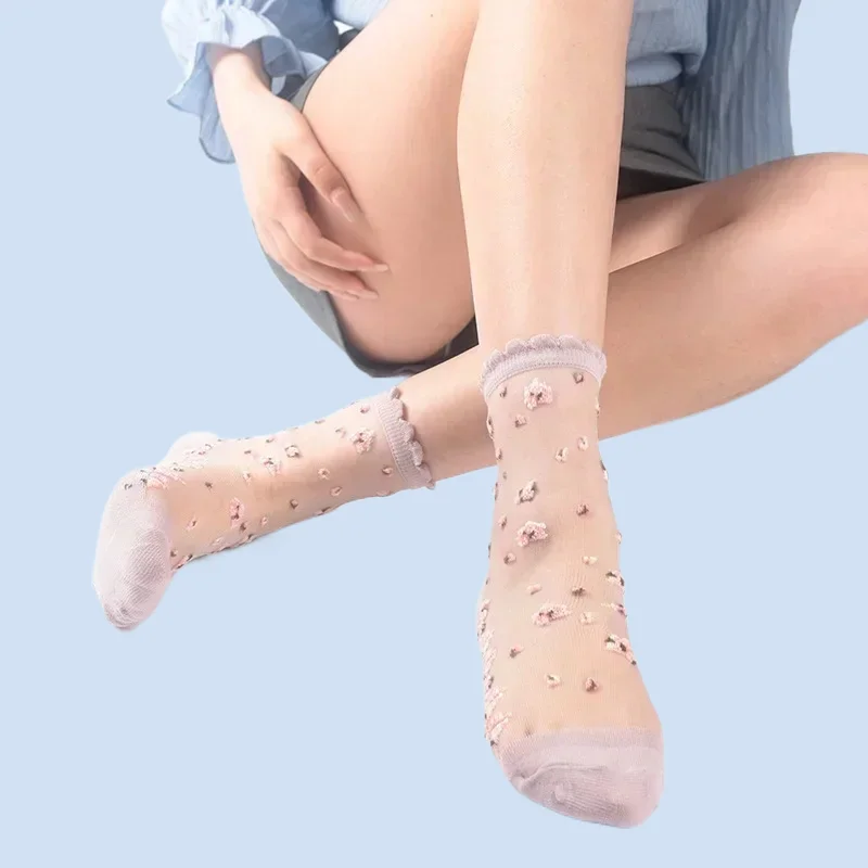 5 Pairs Summer Women Transparent Lace Silk Crystal Rose Flower Girls Elastic New Women's Breathable Ultra Short Socks Thin Socks