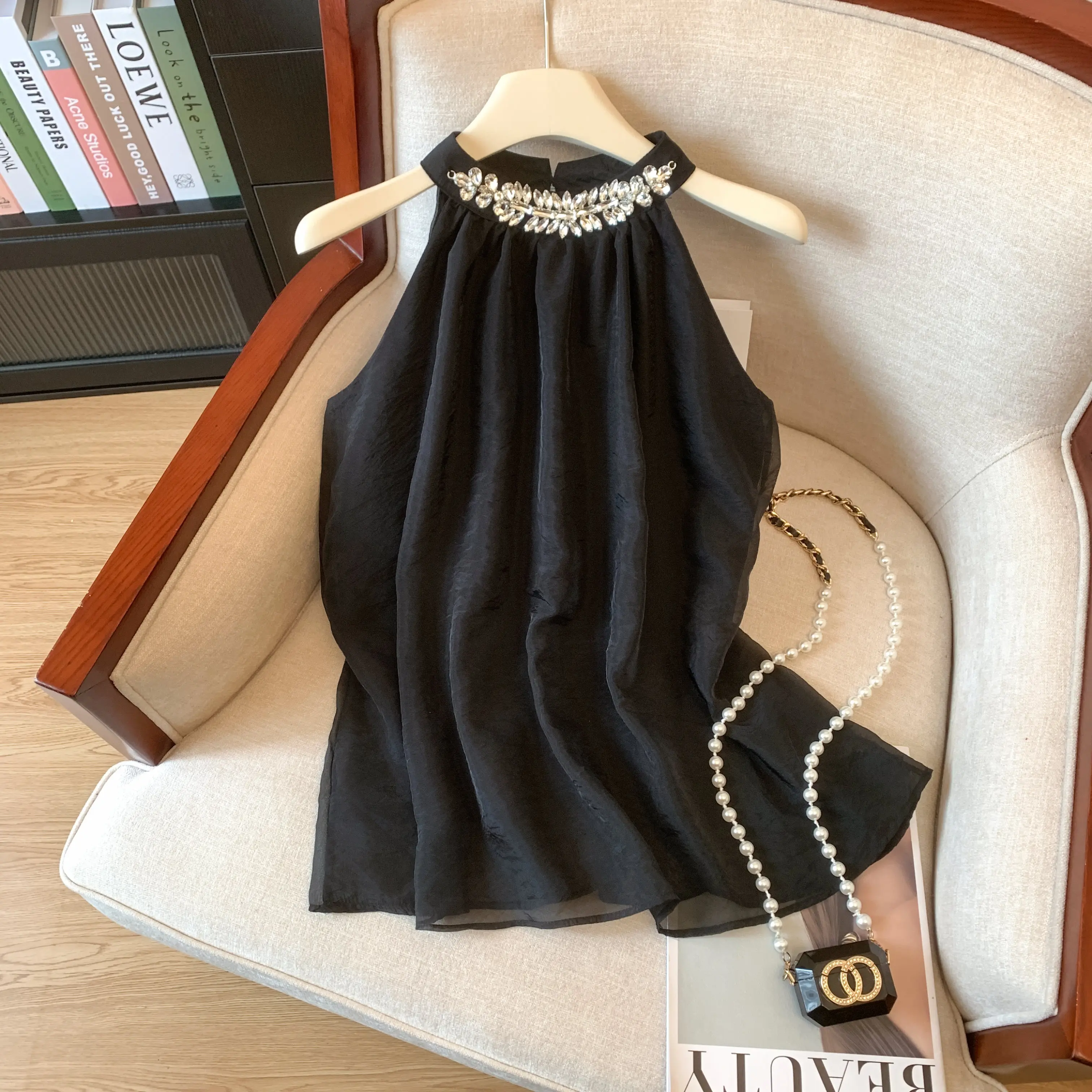 النمط الفرنسي الماس سترة بلايز 2026 الصيف ملابس حريمي بلا أكمام معلقة الرقبة البلوفرات بلوزة فضفاضة الحلو سيدة قميص #2