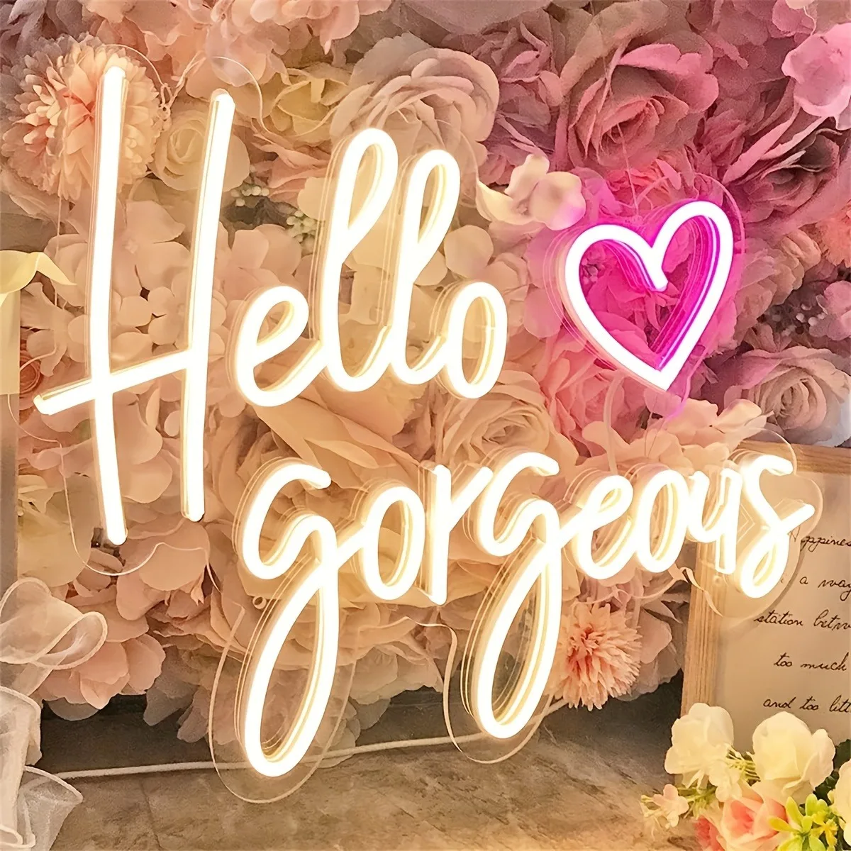 Hello Gorgeous LED Neon Sign Light Pink Heart Embellished Wall Decoration USB Powered for Bedroom Home Decor