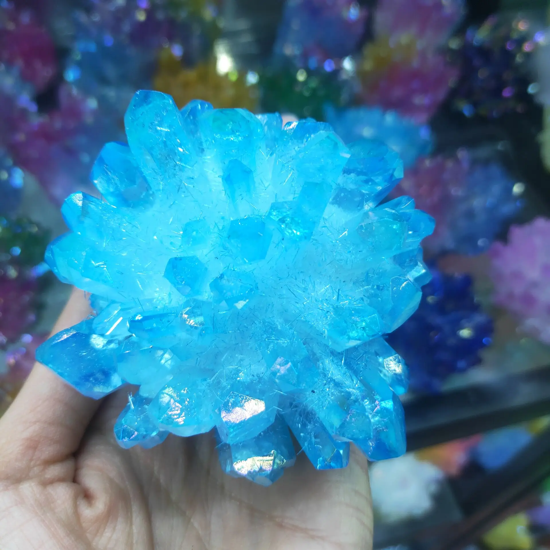 1pcs blue Titanium Rainbow Aura Lemurian Quartz cluster Crystal Point healing flame aura quartz crystal cluster specimen