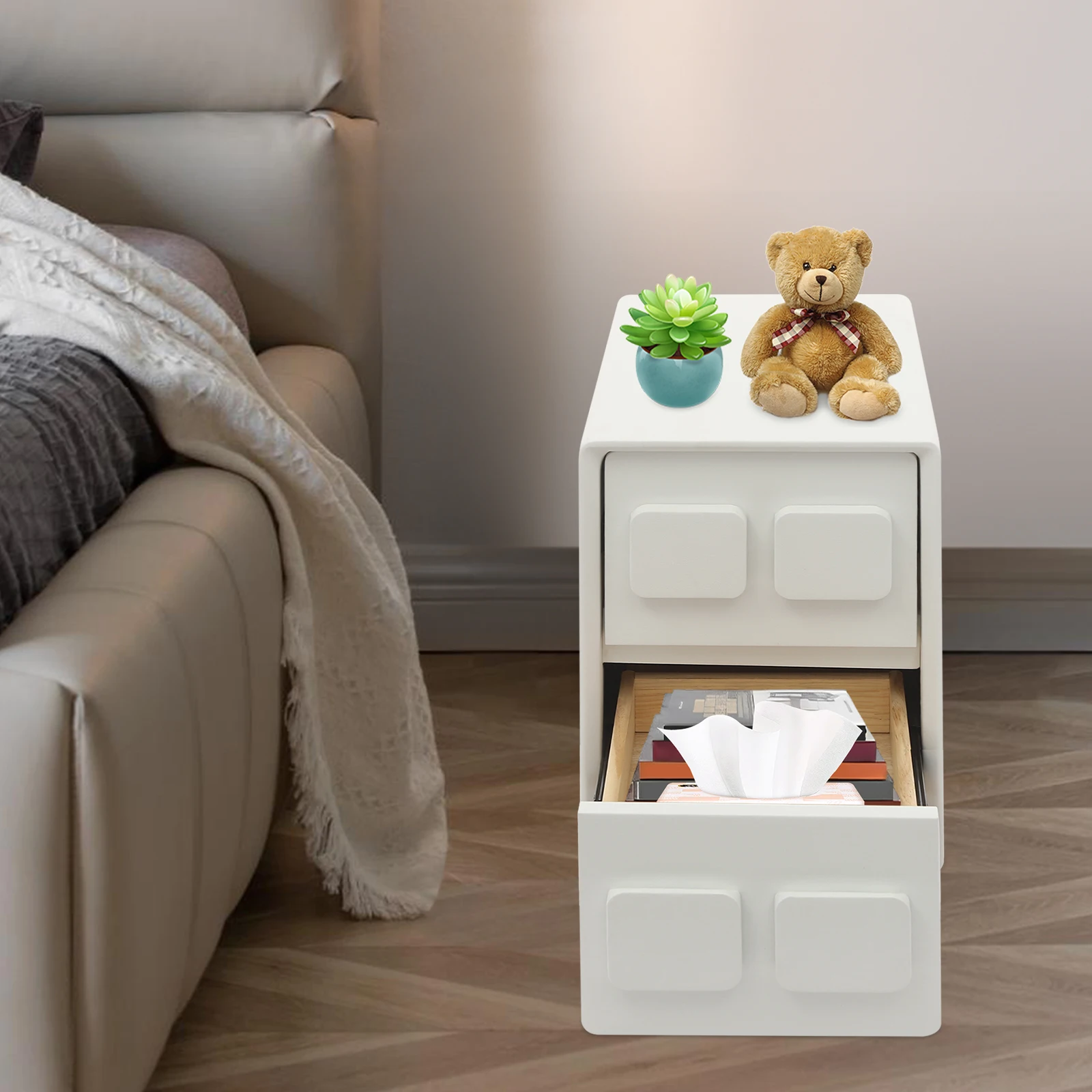 

Modern Minimalist End Table 15.75*11.81in Bedside Table Nightstand high-class solid wood 2 drawers Round Corners for Bedrooms