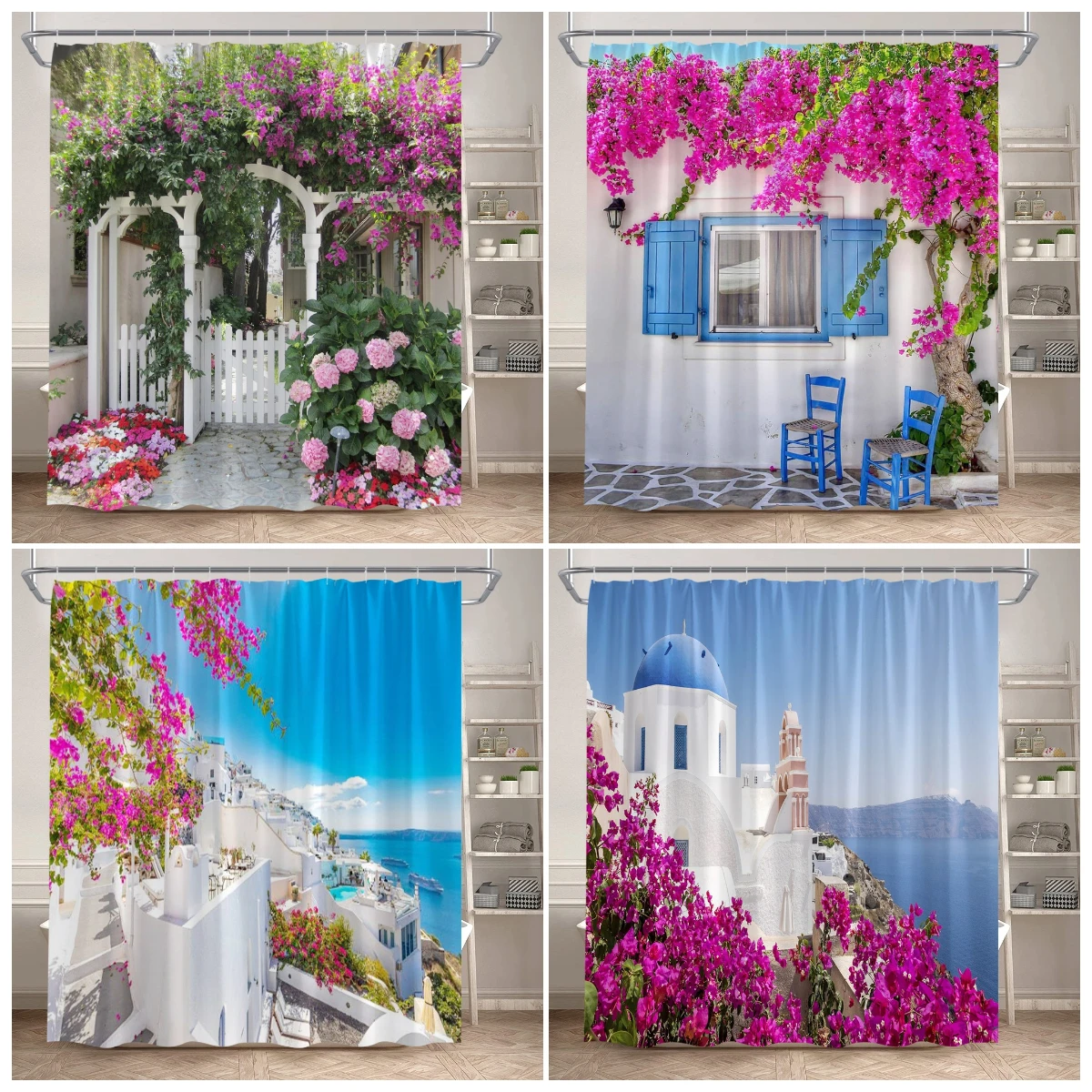 

Занавеска для душа с изображением прибрежного городского пейзажа, средиземноморская, сине-белая, с архитектурными элементами, натуральными цветами и океаном, полиэстеровая, для ванной комнаты, декор