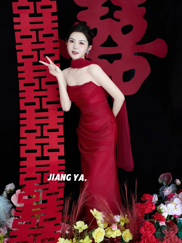 

Red Fish Tail Wedding Dress Engagement Partywear Unique Design Women's Evening Gown Luxury Minimalist Style