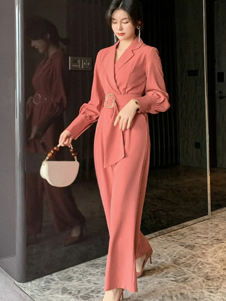 New Summer Elegant Professional Jumpsuit Women Solid Notched Collar Long Sleeve Adjustable Waist Maxi Pants Work Office Rompers