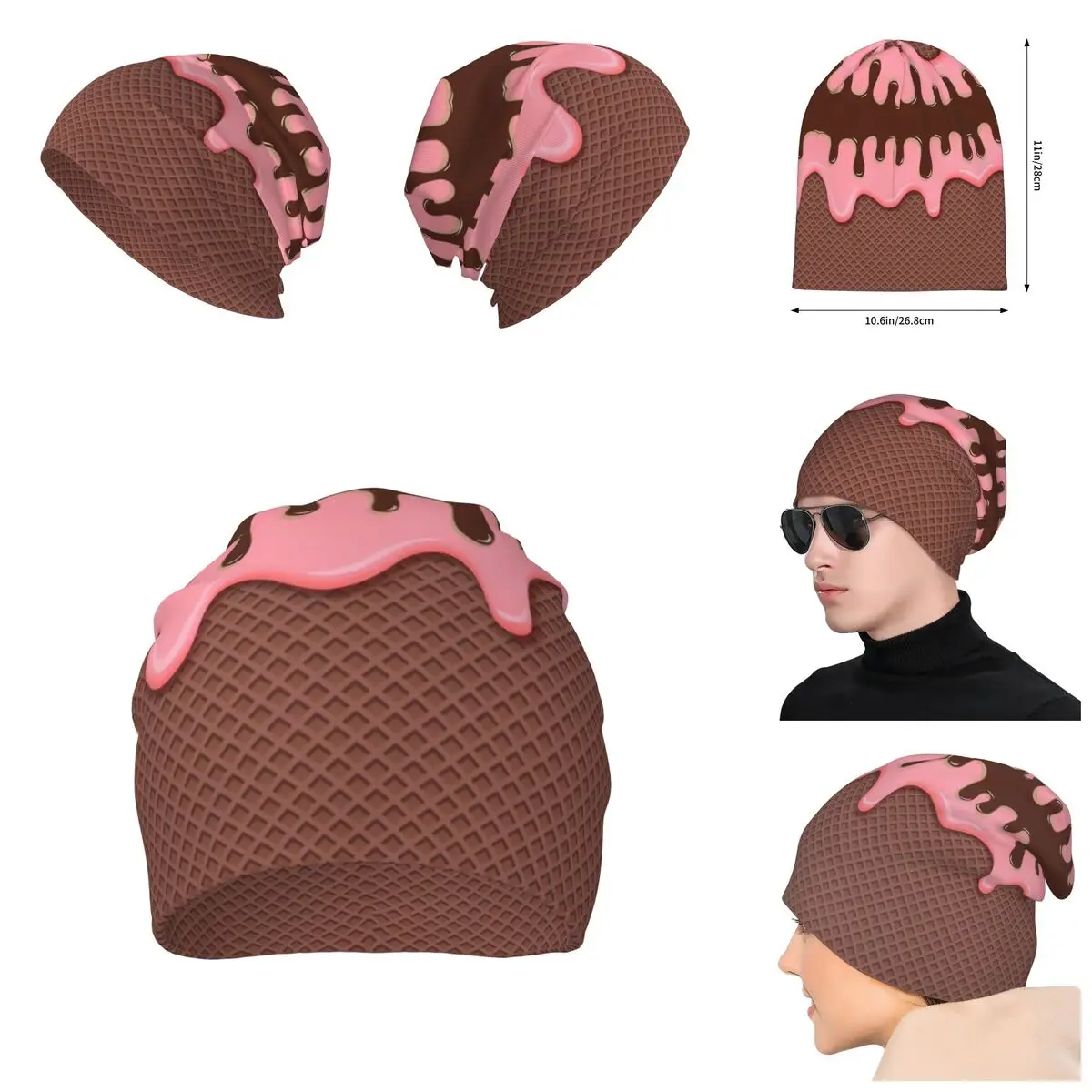 

Nutty Chocolate Ice Cream Waffle Knitted Hat For Men And Women, Gift Unisex winter Warm Brimless printing Urinal Hat