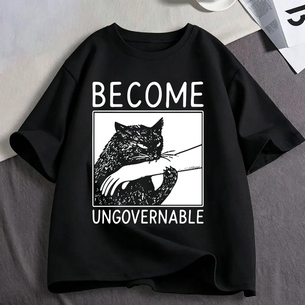T-shirts décontractés en coton à manches courtes pour hommes et femmes, motif chat noir agressif, humoristique, style oversize