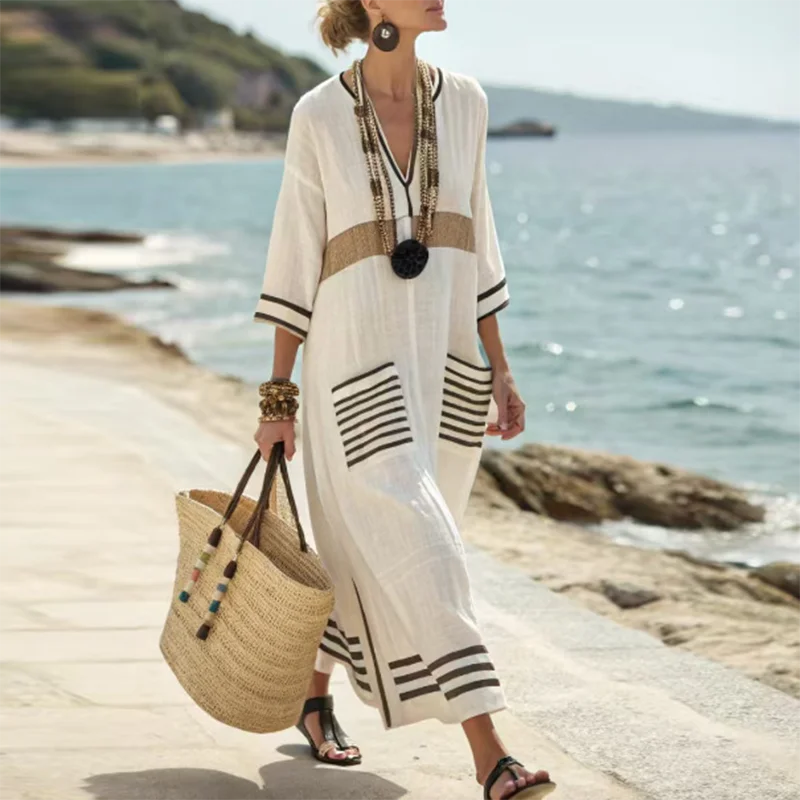 Robes for Woman New V Neck Loose Boho Dress Ethnic Spring Striped Print Pocket Long Maxi Dress Summer Short Sleeve Holiday Dress