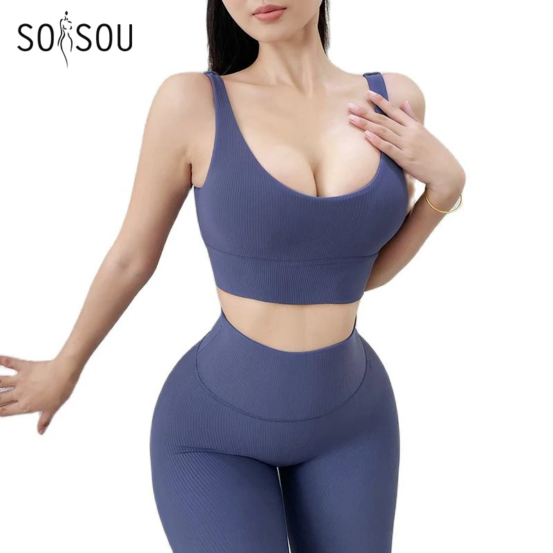 

SOISOU Rib Fabric Women's Tracksuit Gym Yoga Sportwear Bra Leggings Set Woman 2 Pieces Sport Elastic Breathable Womens Clothing