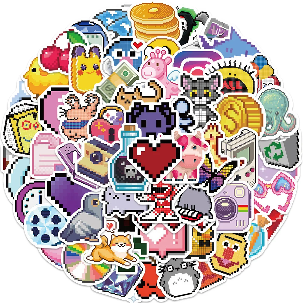 Cartoon Pixel Stickers for iPad Luggage, Vintage, Skateboard, Scrapbooking Material, DIY Ins Sticker, Craft Supplies, 65Pcs