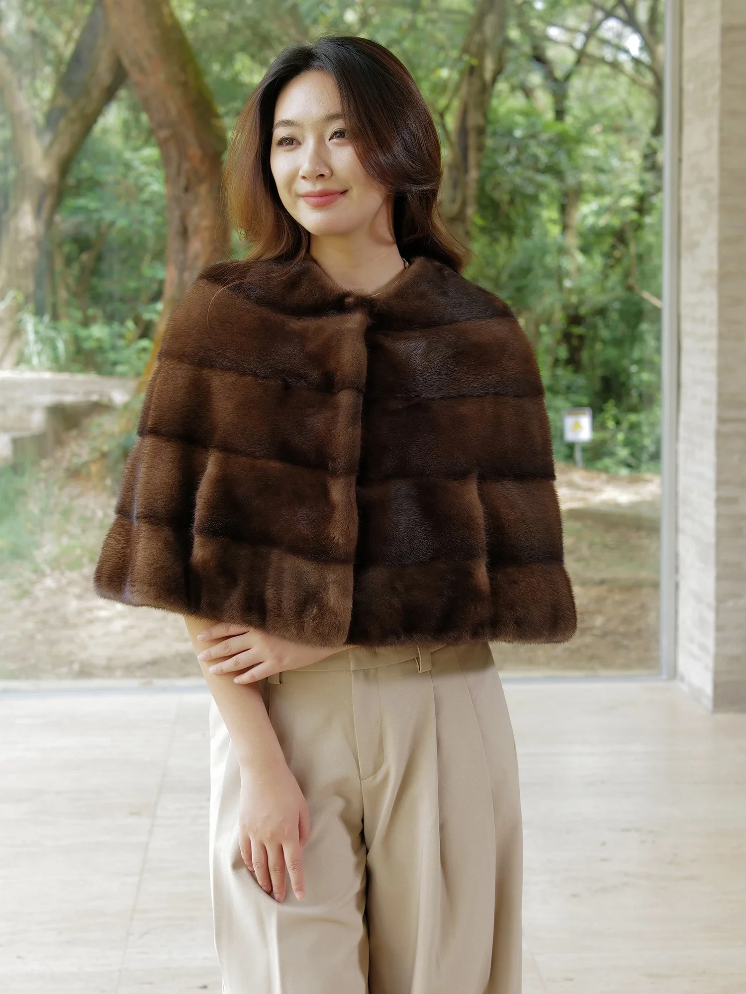 Velvet Mink Shawl Cloak Short Coffee Natural Fur Jacket