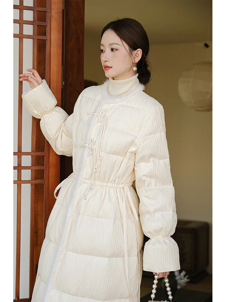 

Original National Sle Long down Coat with Pleated And Button Design in off White for Women Commute Sle 90% White Du down