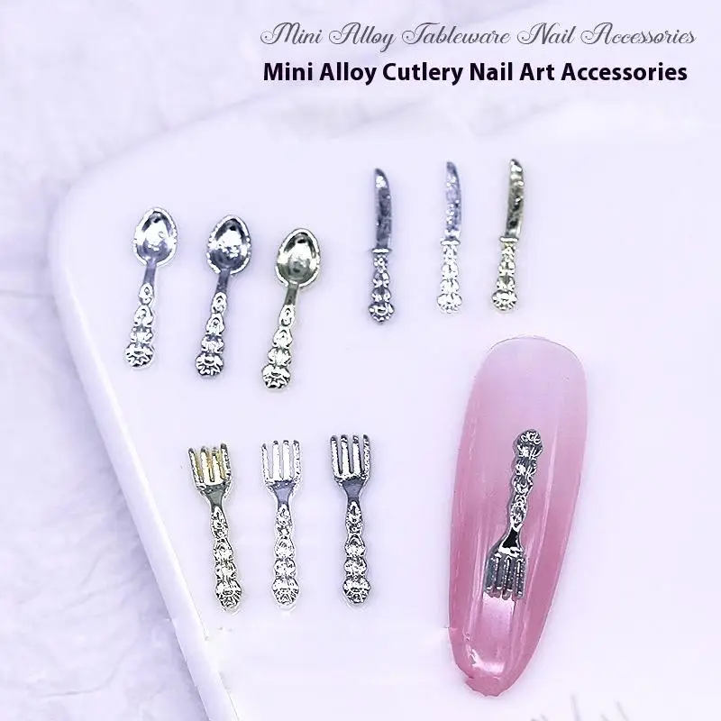 

50pcs Mini Metal Small Fork Spoon Nail Charms Gold Silver Nail Accessories Tableware Series Fork Manicure Accessories Parts