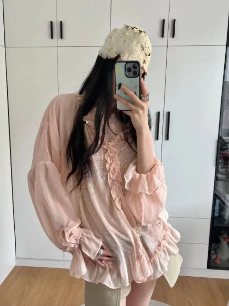 Sommer Sonnenschutz Strass Blusen Frauen V-ausschnitt Rüschen Lose Shirts Flare Hülse Vintage Süße Bluse Camisas De Mujer