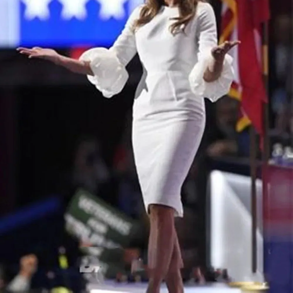 Nuevos vestidos de fiesta de celebridades Melania Trump pequeños vestidos blancos vaina escote redondo plisado con mangas de globo fiesta de noche فستان