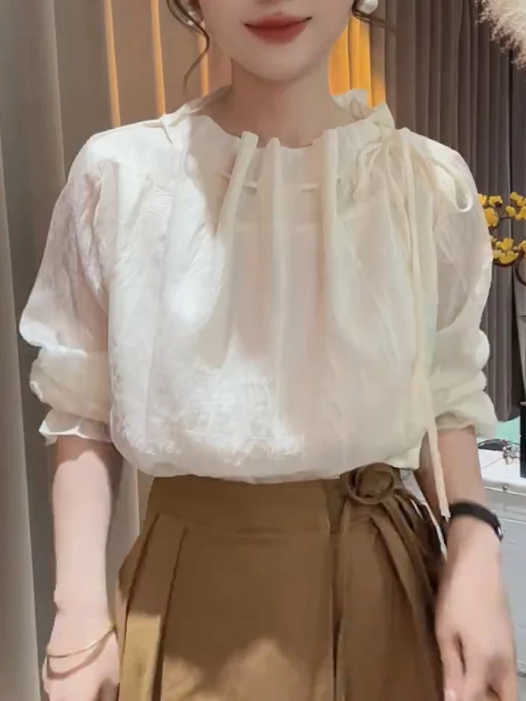 

Spring 2025 Trendy Long Sve Ribbon Tie irt Anti-Aging High-End Faion Women's Top Small Fraance Sle Korean Version