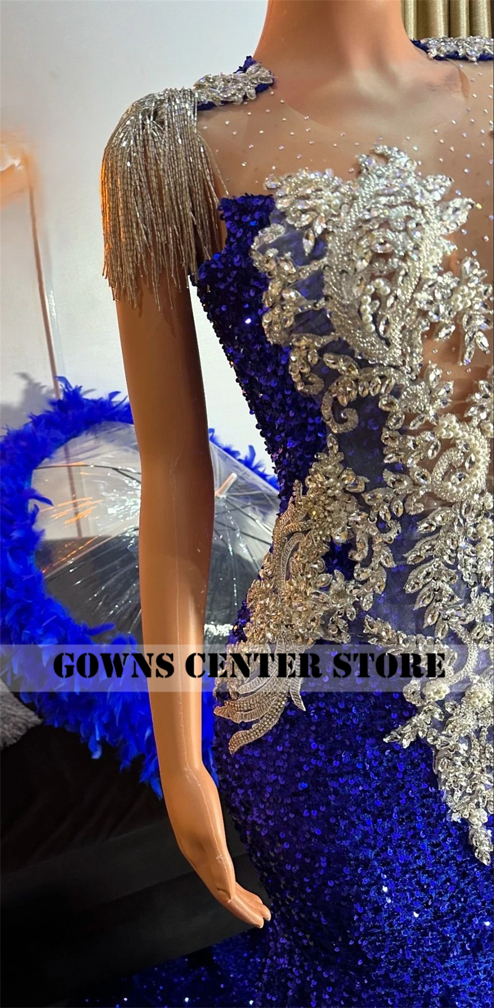 スパンコールのついたロイヤルブルーのボールガウン,クリスタルビーズのタッセル,エレガントなイブニングドレス,マーメイドスタイル,フォーマルウェア,パーソナライズされた手袋
