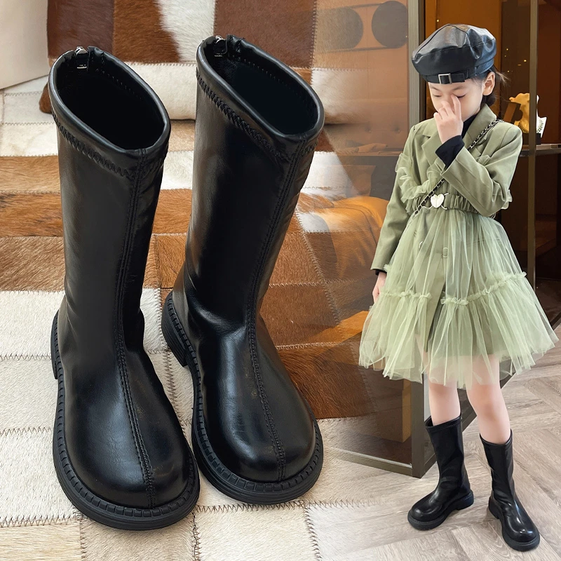 Crianças botas outono inverno 2023 novo estudante meados de bezerro botas altas britânicas para crianças meninas de couro sapatos de neve sólida frete grátis