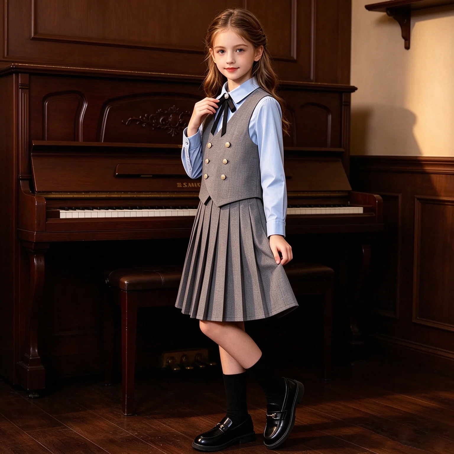 Girls Formal Vest Dress Set Kids Long Sleeve Shirt Bow Tie Pleated Skirt Suit Children School Uniform Outfit Performance Party