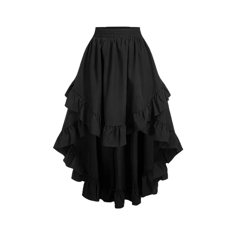 

2026 New Vintage Gothic Punk Black Asymmetrical Maxi Elegant Ruffled A Line Skirt Streetwear Elastic Waist Perfect Casual Skirts