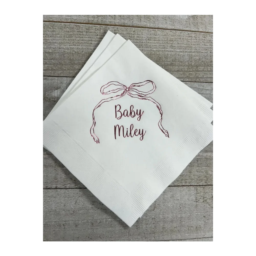 Personalized Napkins Beverage Luncheon Dinner Guest Towel Napkins Baby Shower Naming Custom Monogram Ribbon Bow LOTS of colors