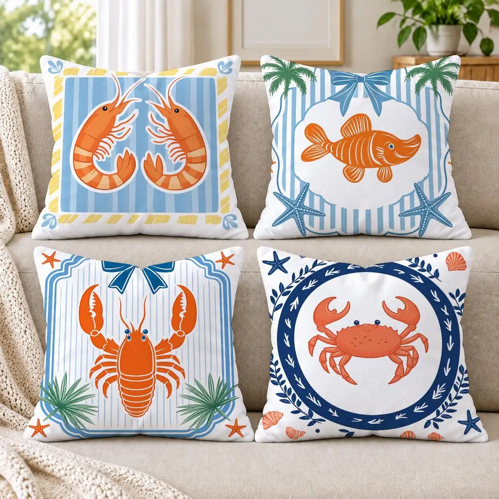 4PC Preppy Crab Shrimp Print Cushion Cover Soft Plush Double-Sided Print Throw Pillow Cover Home Decor for Sofa Living Room