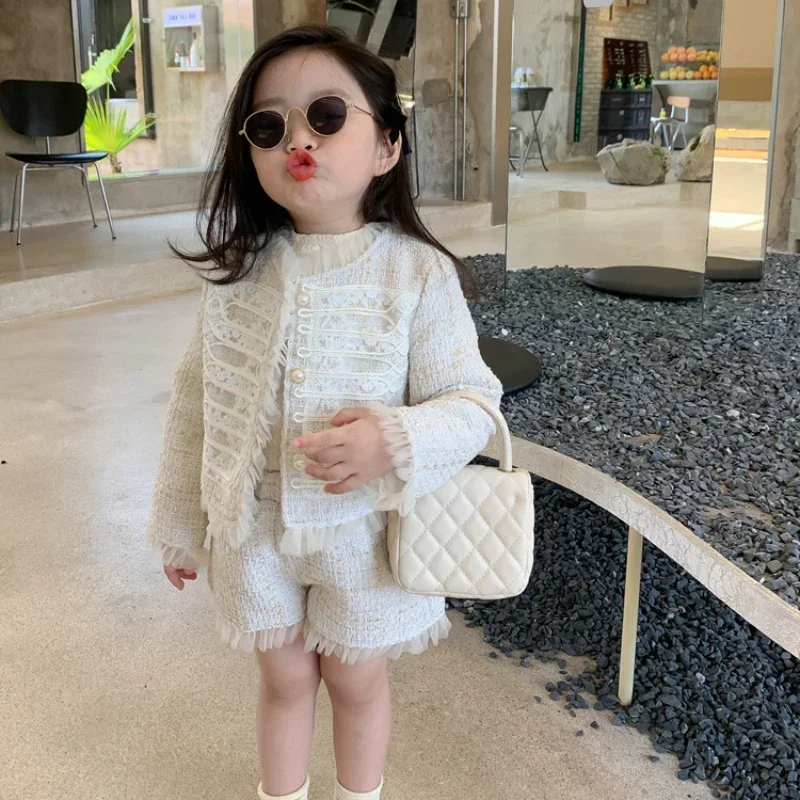 Children Clothes Sets Korea 2024 Spring Autumn Girls Lace Coat and Short Pants Sweet Princess Full Solid Baby Girl Clothes Set