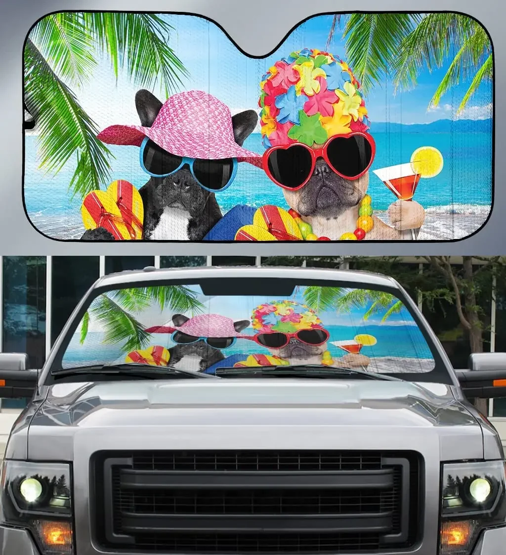 Hawaii French Bulldog in Summer Beach Coconut Tree Car Sunshade, Gift for French Bulldog Lover, Hawaii Vibe Auto Sun Shade, Wind