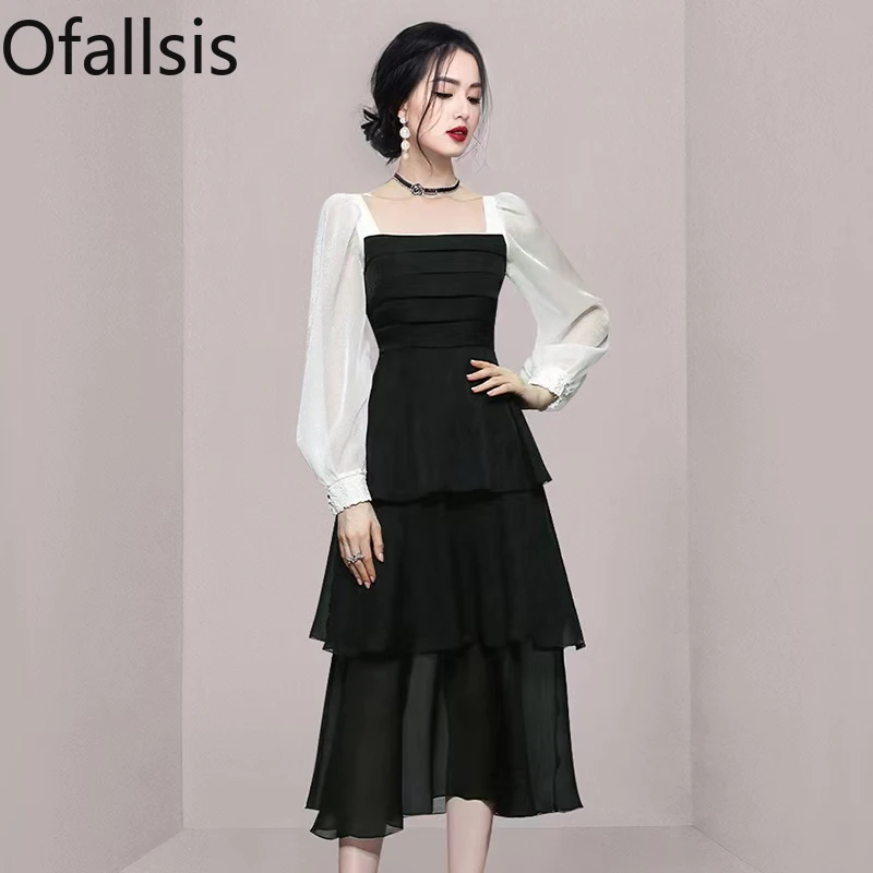 Ofallsis High End Fairy Style Slimming Temperament Knee High Dress 2024 Autumn Winter New Hepburn Style Small Black Dresses