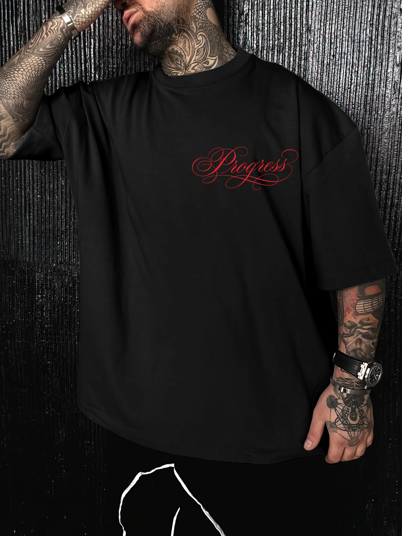 Men's Oversized Streetwear Progress Chinese Dragon Cursive Letter Back Print Polyester Short Sleeve Crewneck T Shirt S-2XL