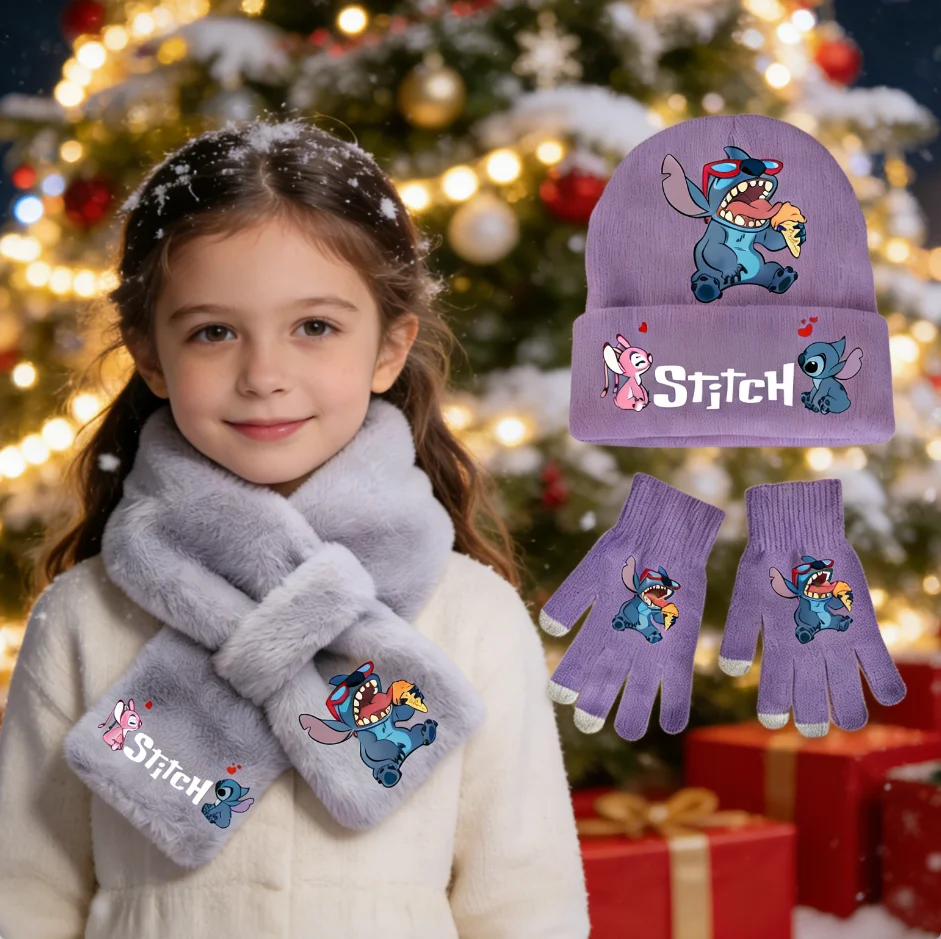

Disney Stitch 3Pcs Set for Girls Soft and Warm Knit Ensemble with Hat Scarf and Gloves Winter Fashion Casual Birthday Gift