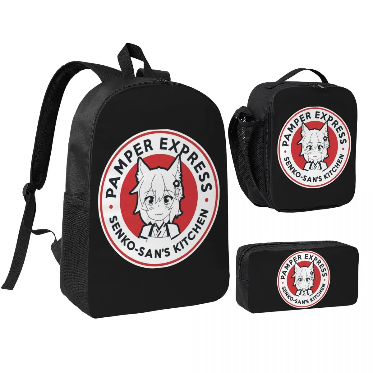 Senko San, el zorro amable, mochila de dibujos animados de Senko San, mochila escolar, bolsos de hombro, 3 piezas, bolsa térmica para el almuerzo, estuche para lápices