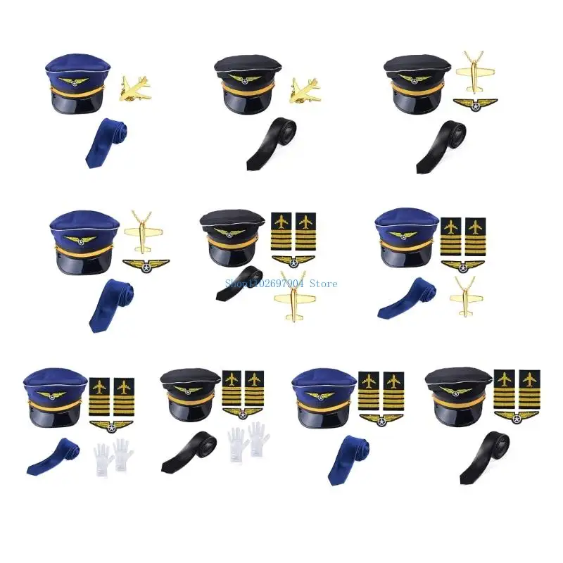 

N7YF Flight Captain Role Play Outfits Captain Hat Uniform Epaulettes Neck Tie Gloves for Men Women Flight Attendant Costume