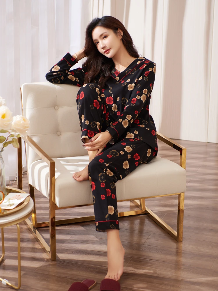 2025-new-women's-cotton-pajamas-long-sve-spring-autumn-luxury-large-size-bla-floral-print-outwear-home-clothes-set