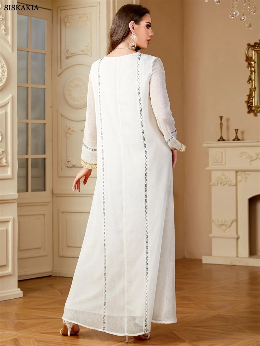 Sisakia nouvelle robe de soirée brodée musulmane pour femmes dubaï manches en maille Abaya col en v caftan perlé 2025