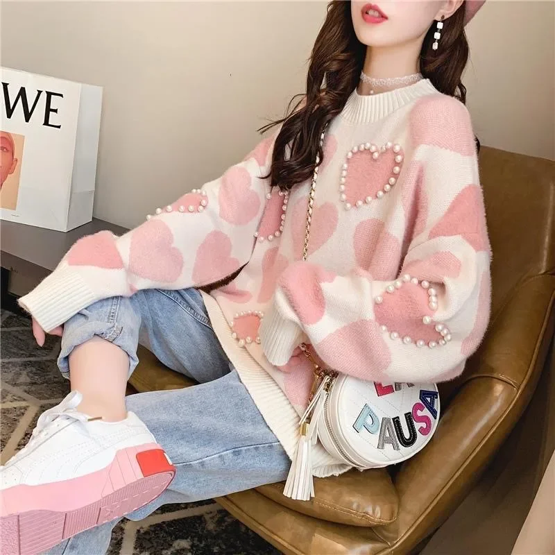 Autumn Heart Leopard Print Knit Sweater Elegant Pearl Beaded Women Sweet Casual Sweaters Winter Warm O Neck Long Sleeve Pullover