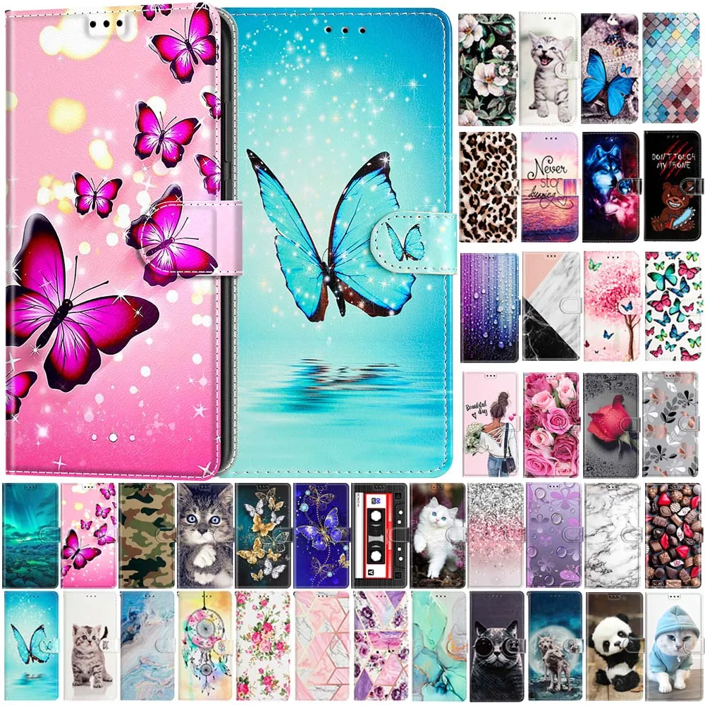 Butterfly Cat Pattern Wallet Flip Case For Xiaomi Redmi A1 9A 9C 10 10A 10C Magnetic Leather Card Slot Protectiv Phone Cover