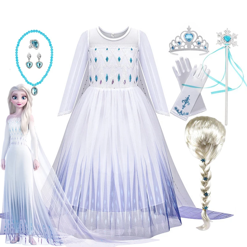 Disney Frozen 2 White Elsa Costume Girls Cosplay Snow Queen Princess Dress Toddler 2025 Birthday Party Children Day Fancy Frock