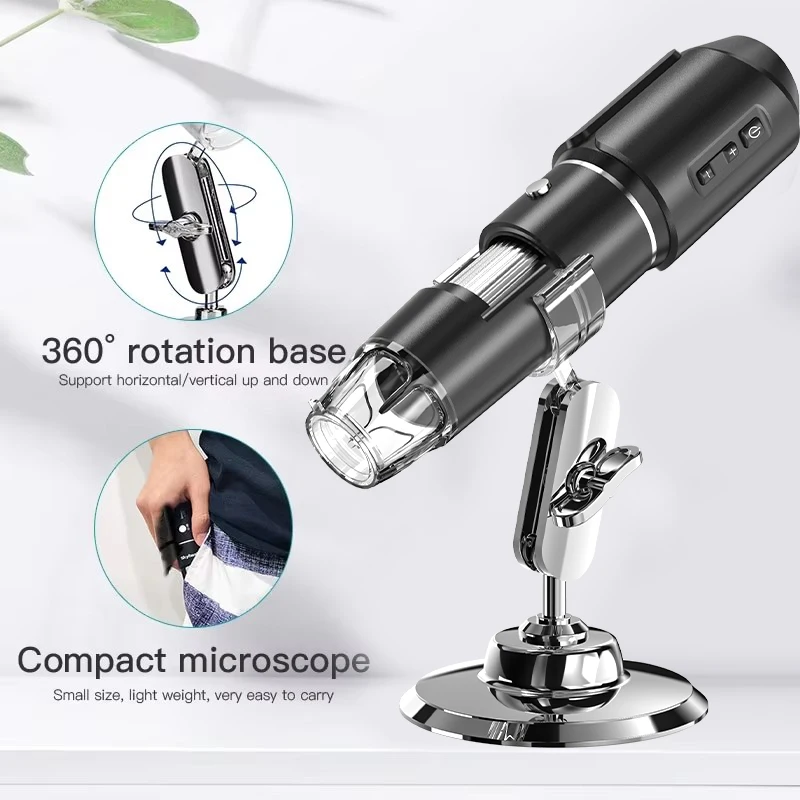 WiFi USB กล้องจุลทรรศน์ดิจิตอลแบบใช้มือถือ 50-1600x ไร้สายการขยายกล้อง Endoscope พร้อมขาตั้งโลหะสําหรับ iPad Android PC