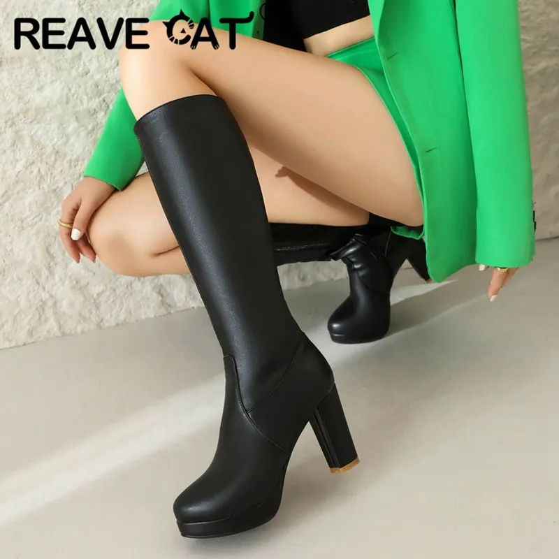 REAVE CAT Sexy Women Knee High Boots Round Toe Chunky Heels 9cm Platform 2cm 45 46 47 Female Daiting Booties