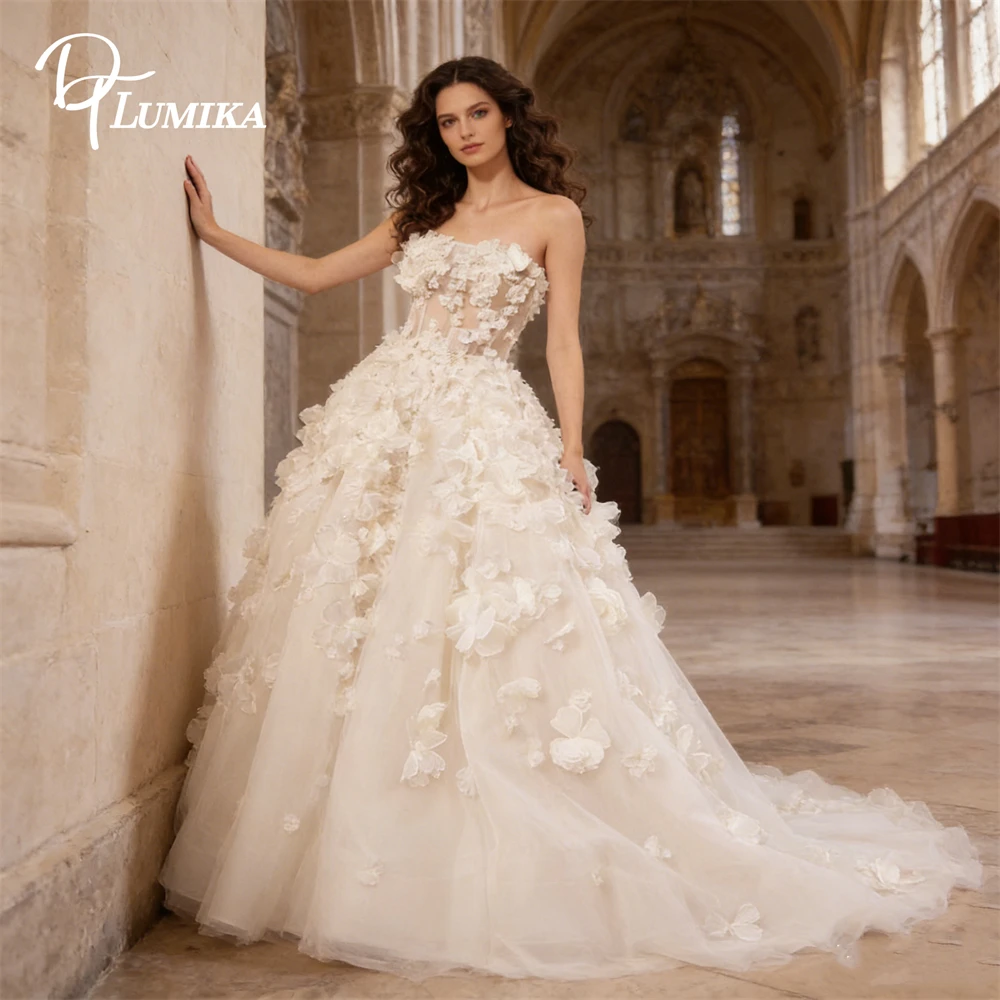 

DTLumika 3D Floral Petal Wedding Dress with Court Train Strapless Ball Gown Bride Dresses Customized Women Bridal Gown