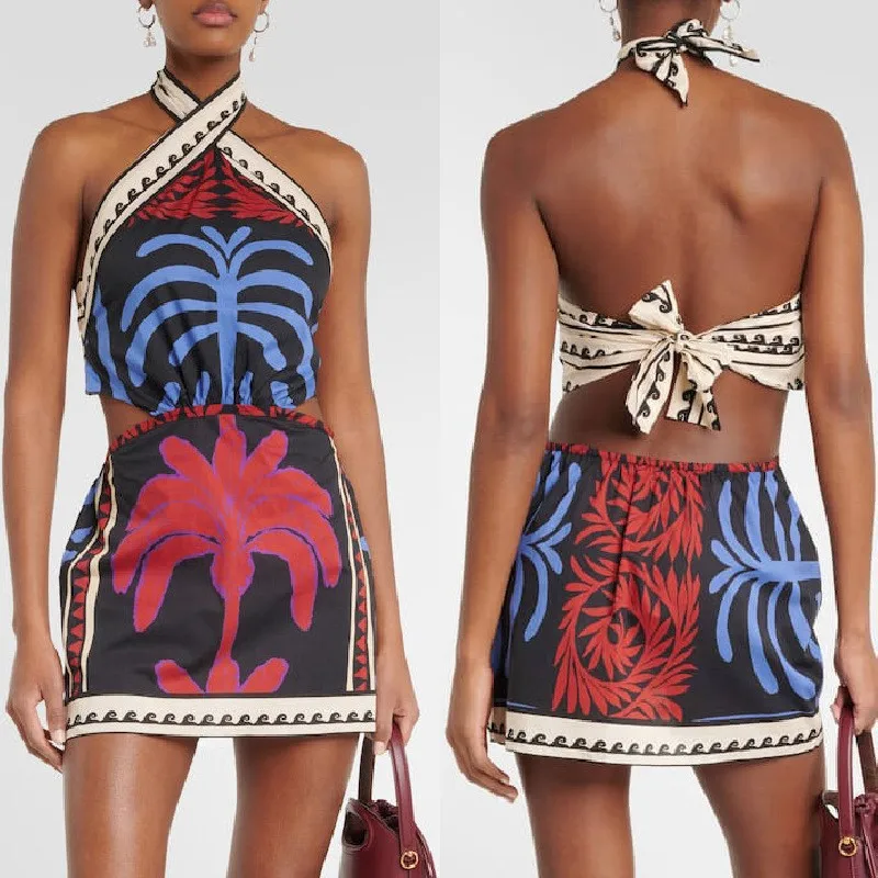 

Sexy Halter Pattern Printed Mini Dress Summer Hollow Off Shoulder Bohemian Dress Women's Fashion Lace Up Backless Mini Dresses